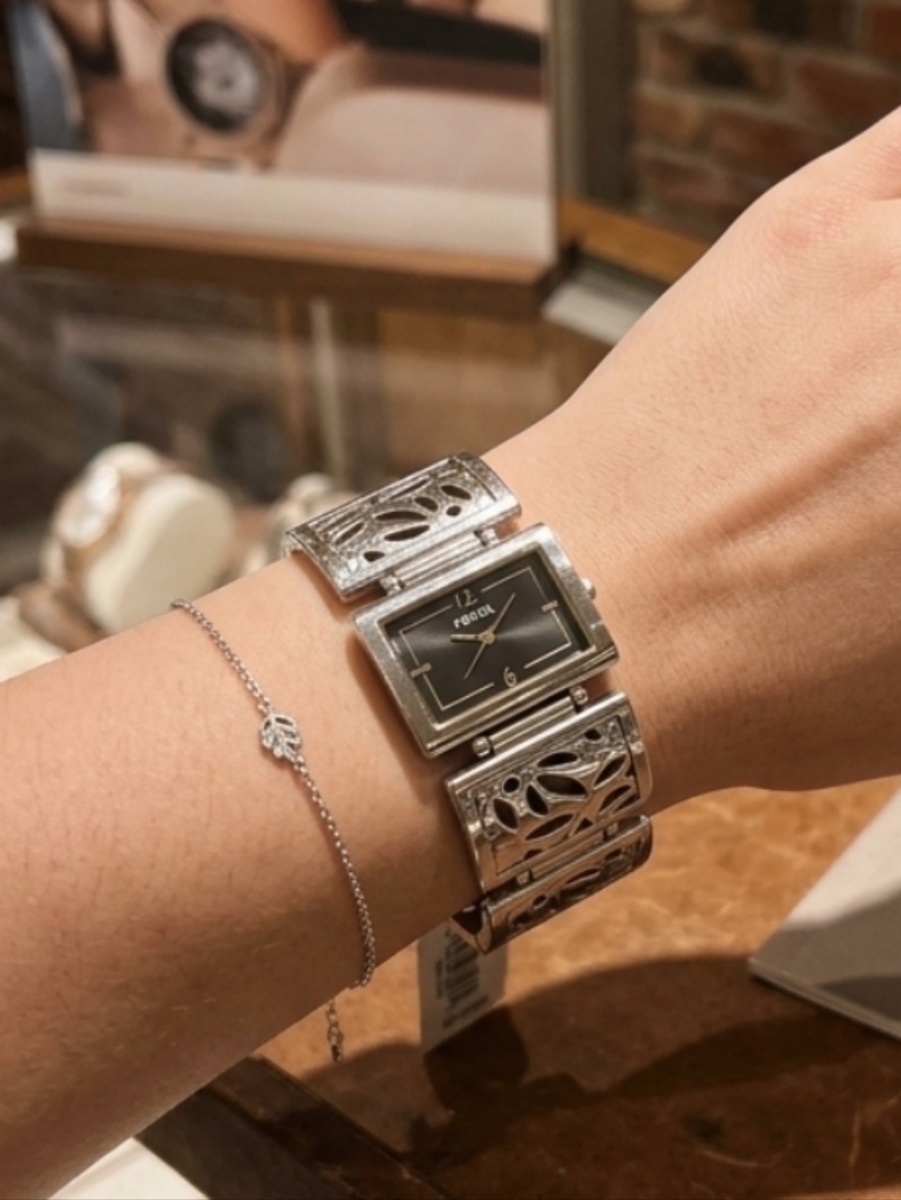 Fossil Women's Silver Link Bracelet Watch with Black Dial